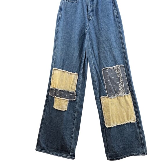 PacSun High Rise Baggy Jeans Size 23 Dark Blue Denim Bandanna Patch Design - Picture 2 of 10